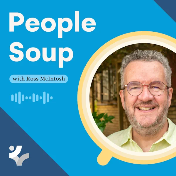 Cover art for an audio show called People Soup. It featured a blue background and a smiling man wearing glasses, who is in surrounded by a yellow and white illustration of a cup.
