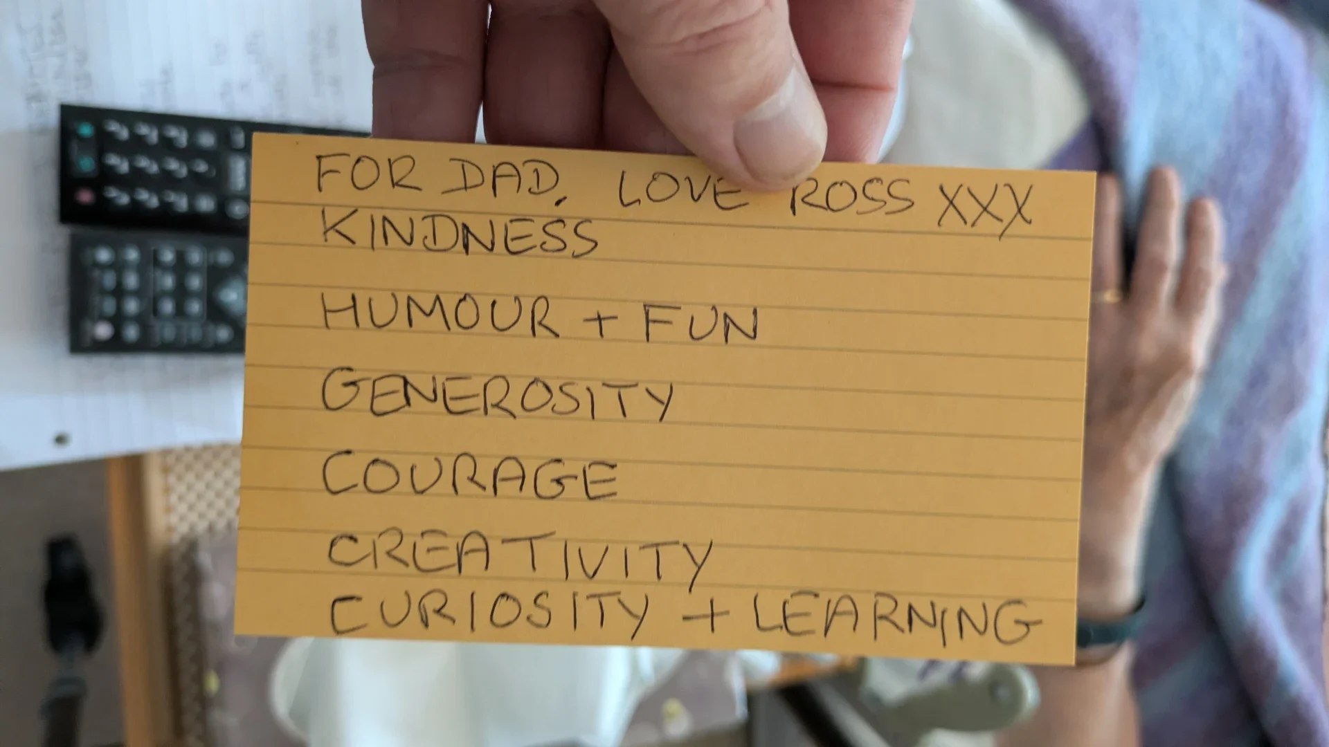 A card with text stating the values I've inherited from my Dad